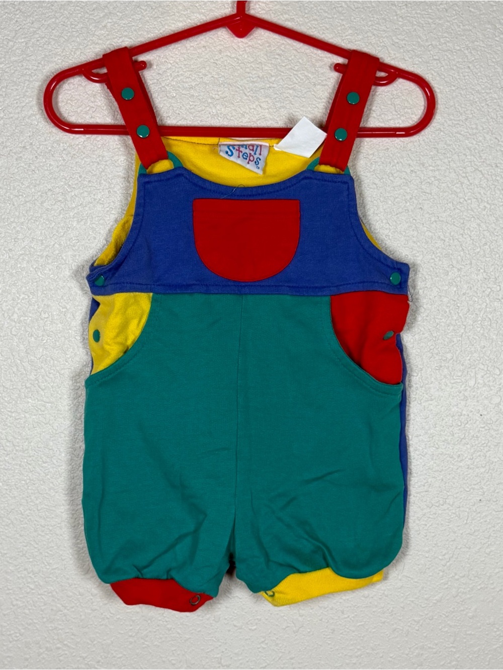 Vintage 90s 12M Multicolor Colorblock Sleeveless Overall One-Piece Pockets Snap